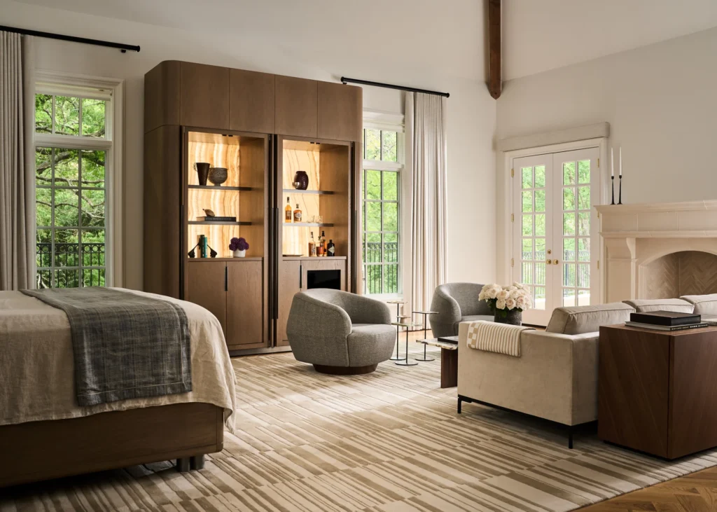 Beautiful interior master bedroom of a residential property with custom designed by a lighting designer