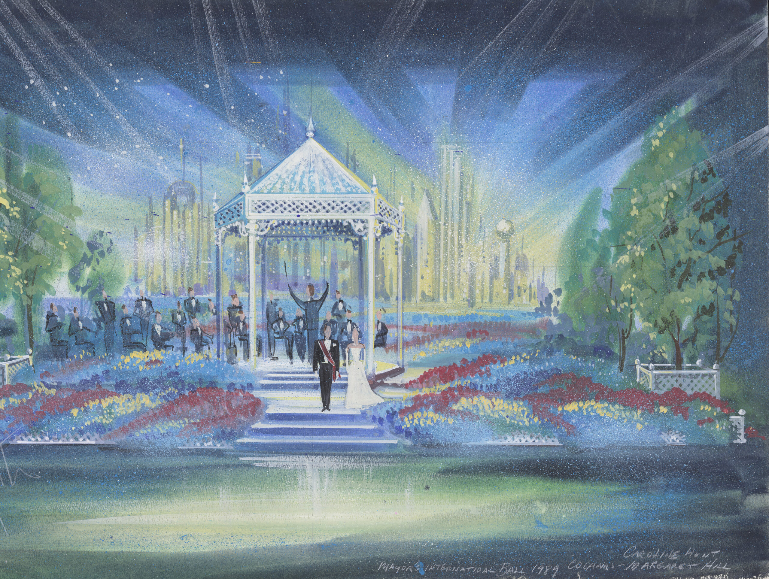 Original set design sketch by costume and set designer Winn Morton for the Mayor's International Ball, 1989, featured in Dreams and Ideas: The Artistry of Costume Designer Winn Morton - celebrated at a book signing hosted by Yates Desygn.